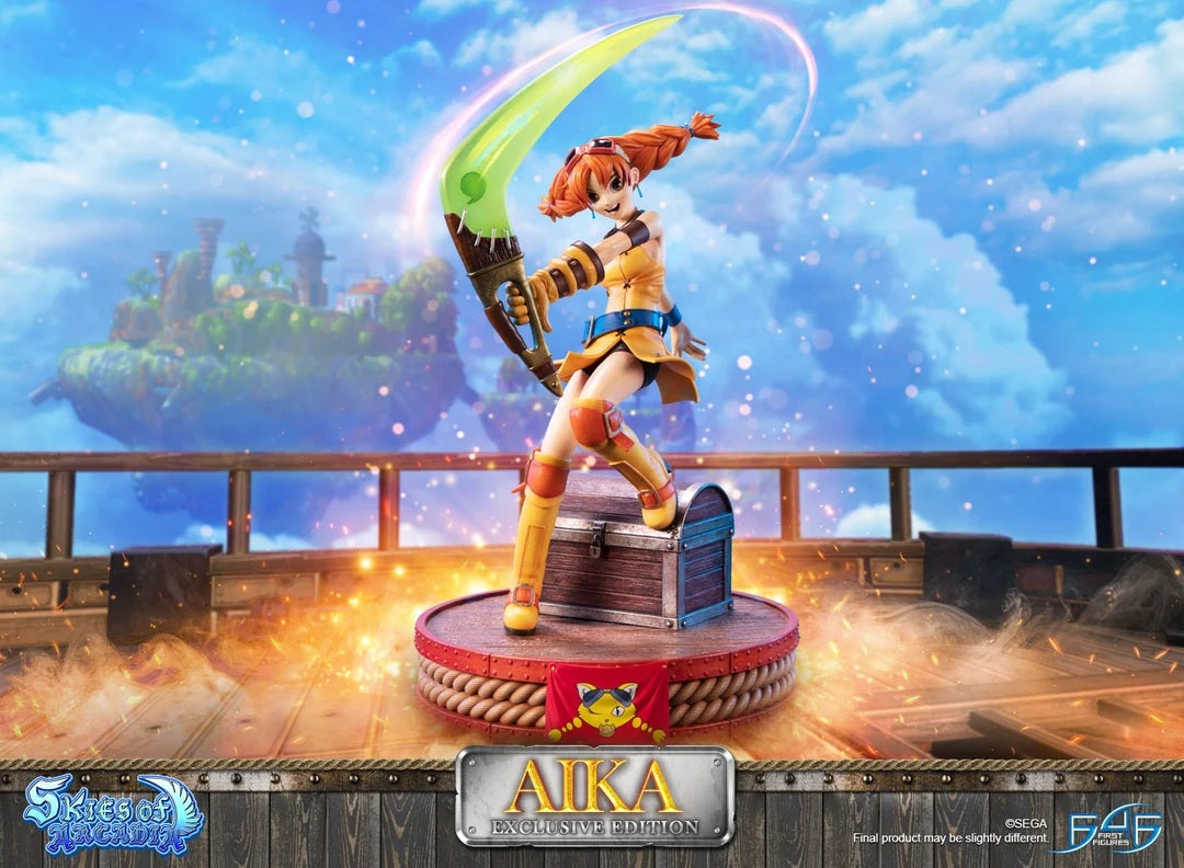 This is a replacement statue that has no edition number or authentication certificate.

The concept for this statue is based on her official artwork from the Skies of Arcadia game. Aika is in this dynamic pose wielding her signature weapon, the Boomerang. And adding to the dynamism of this piece is the flow of the skirt of her yellow dress, making it feel like Aika is really in motion!

The design of the base is inspired by the deck of a pirate ship and a few easter eggs from the game. There is an event in