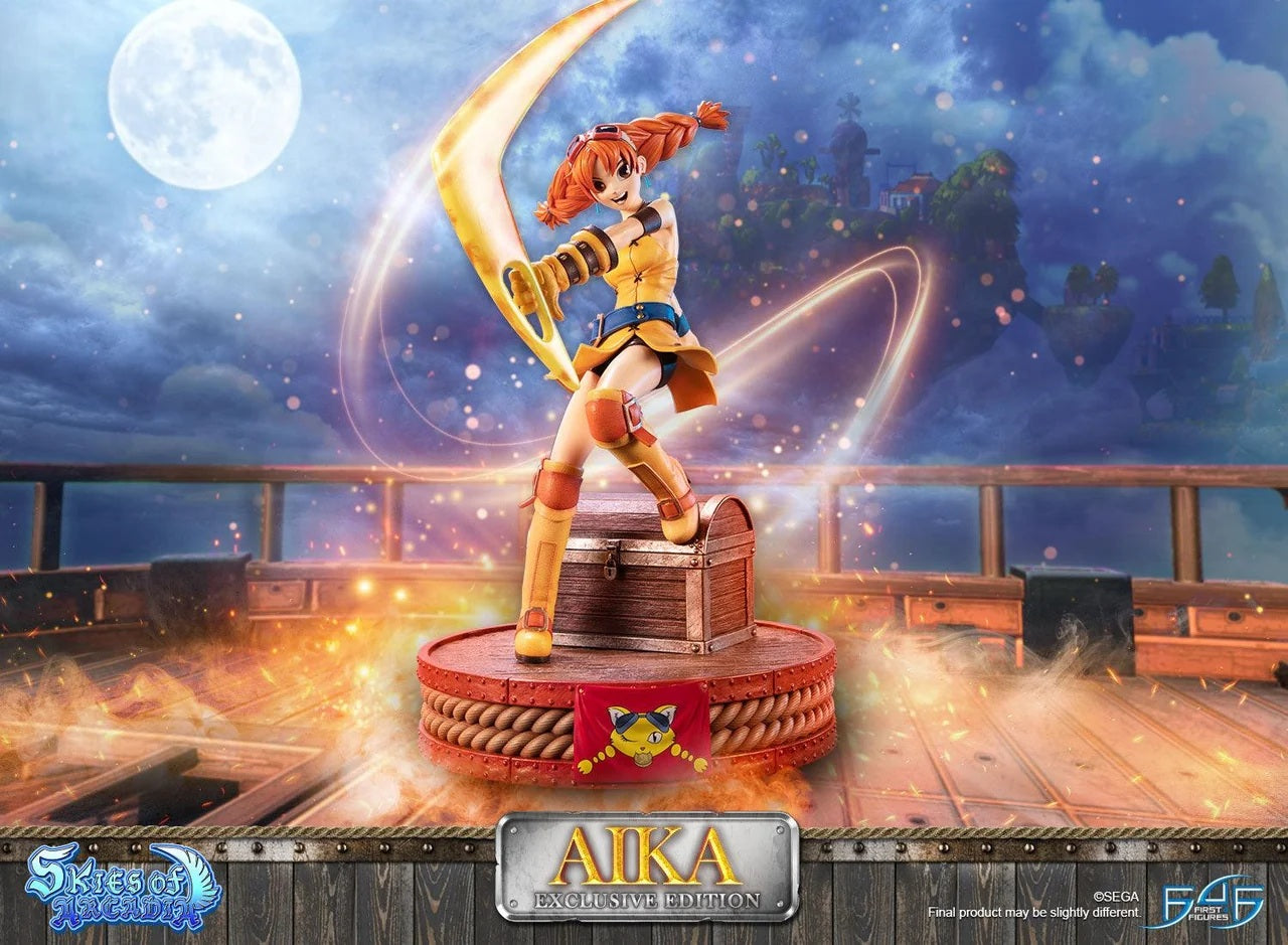 This statue has no edition number, and was a replacement and is in new and unopened condition. Statue including base:
W: 8”/20cm D: 8”/20cm
H: 15”/38cm
Weight: 2.356kg
The concept for this statue is based on her official artwork from the Skies of Arcadia game. Aika is in this dynamic pose wielding her signature weapon, the Boomerang. And adding to the dynamism of this piece is the flow of the skirt of her yellow dress, making it feel like Aika is really in motion!
