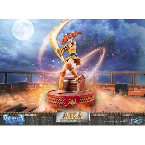 This statue has no edition number, and was a replacement and is in new and unopened condition. Statue including base:
W: 8”/20cm D: 8”/20cm
H: 15”/38cm
Weight: 2.356kg
The concept for this statue is based on her official artwork from the Skies of Arcadia game. Aika is in this dynamic pose wielding her signature weapon, the Boomerang. And adding to the dynamism of this piece is the flow of the skirt of her yellow dress, making it feel like Aika is really in motion!