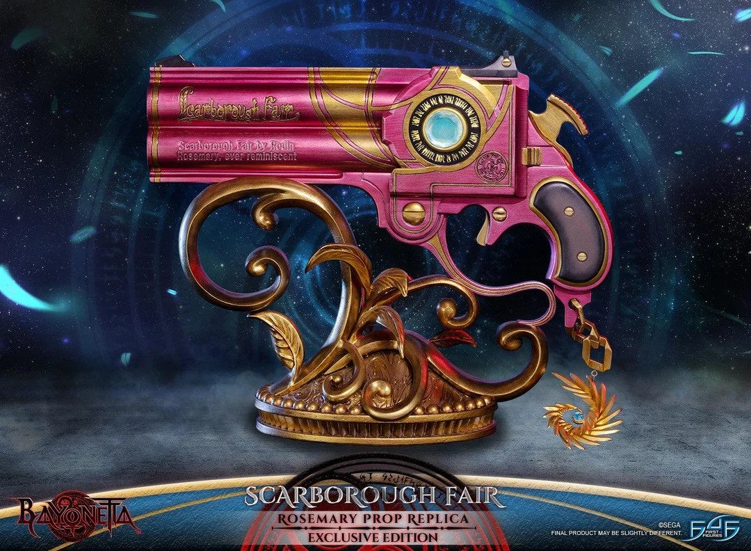 This prop replica statue has no edition number, and was a replacement and is in new and unopened condition.

First 4 Figures is proud to introduce their latest collectible, the Scarborough Fair Prop Replicas! This is the first statue to release in the all-new Bayonetta Prop Replica lineup.

The design of the base is inspired by the baroque style and décor of Rodin's bar, The Gates of Hell. The base was also given a metallic gold finish to complement the guns’ gold details and metallic look!

The Exclusive E