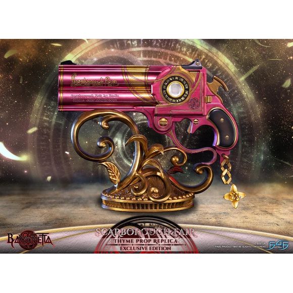 Statue comes with card of authenticity and features production number 069.

First 4 Figures is proud to introduce their latest collectible, the Scarborough Fair Prop Replicas! This is the first statue to release in the all-new Bayonetta Prop Replica lineup.

The design of the base is inspired by the baroque style and décor of Rodin's bar, The Gates of Hell. The base was also given a metallic gold finish to complement the guns’ gold details and metallic look!

The Exclusive Edition of this prop replica comes