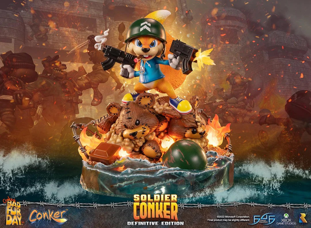 This statue has no edition number, and was a replacement and is in new and unopened condition. 

First 4 Figures is proud to introduce their latest statue collectible, Soldier Conker Definitive Edition!

The highly detailed Conker statue is inspired by the eighth chapter in the game, "It's War", where Conker is taken to the war-torn Tediz Base Beachhead.

The base design is of the beachhead itself where the events took place. For the Definitive Edition, Conker is standing atop defeated enemy Tediz, there's