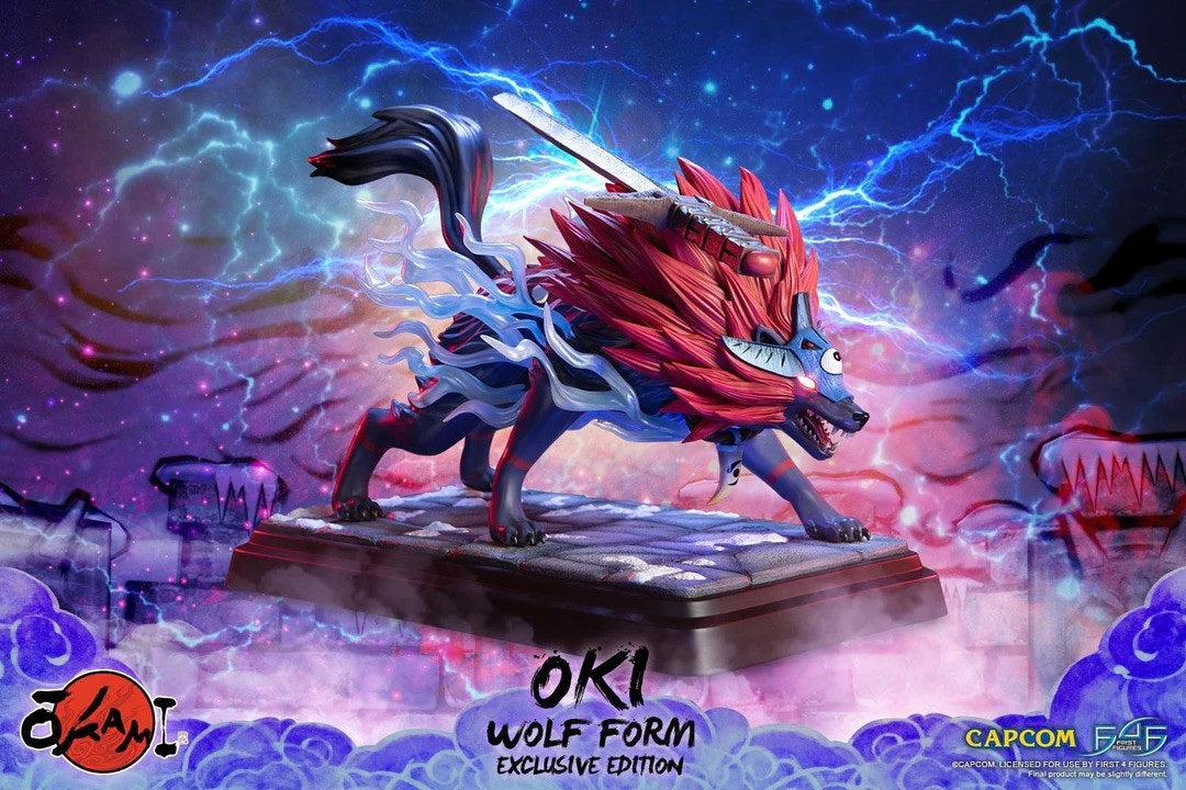 First 4 Figures proudly presents the high-quality resin statue of Okami’s Oki in Wolf Form. In this form, Oki is a fierce fighter that teams up with Amaterasu to save Nippon from evil demonic forces. Okami is renowned for its unique art style, inspired by Japanese sumi-e ink illustrations. This statue reimagines Oki but stays true to his video game appearance, with fearsome red eyes and fur, icy blue flames swirling around his body, and his signature Kutone sword on his back. For the exclusive edition,  LED