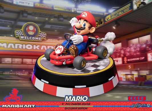 This statue has no edition number, and was a replacement and is in new and unopened condition. 

Wahoo! First 4 Figures is proud to present the high-quality PVC collectible, Mario from the beloved video game, Mario Kart which debuted in 1992. Everything you know and love about Mario is brought to life in this incredible statue. Realistic touches add depth and nuance to the smallest details – from fabric and stitching on his bright red cap to the smoke coming off of the spinning wheels of his kart. The kart