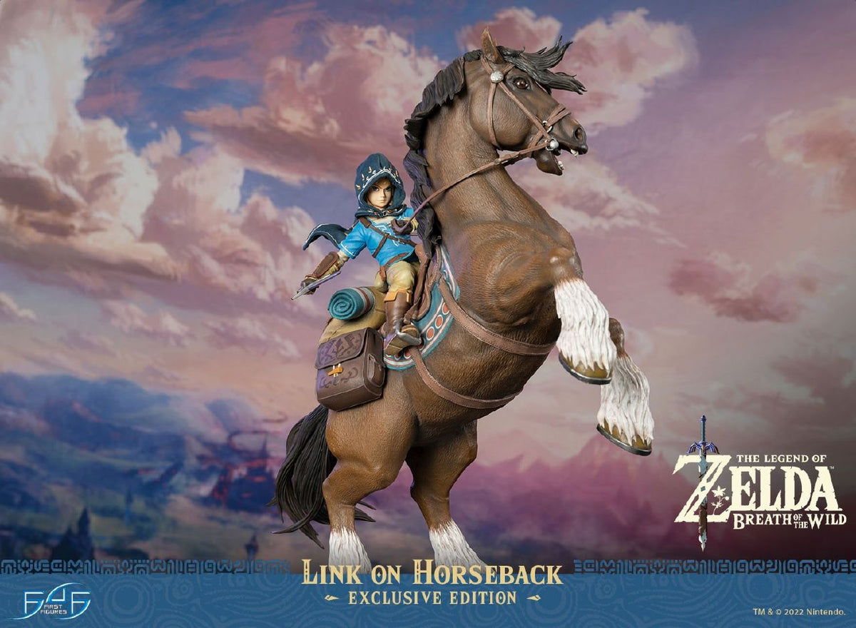 First 4 Figures is proud to present the Link on Horseback resin statue, the first resin collectible to join our The Legend of Zelda™: Breath of the Wild lineup! This statue captures the majestic moment of Link on his steed rearing up! His ensemble which includes his Champion’s Tunic and Hylian Trousers has been realistically textured in gorgeous detail, much like his steed and other elements of this intricate statue. Link's items such as the rucksack, Traveler’s Shield and most importantly, his Sheikah Slat