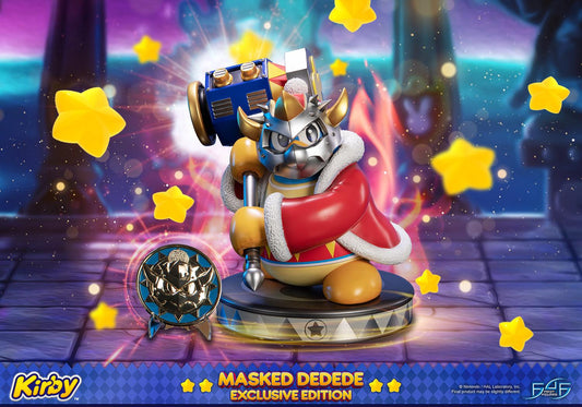 This statue has no edition number, and was a replacement and is in new and unopened condition.

King Dedede's armoured alter-ego has been beautifully sculpted. The powered-up king of Dreamland now wears a metallic mask and wields an awesome mechanical hammer. The base is a silver version of King Dedede's base with his signature peace sign at the centre of it. The silver and mechanical aesthetics makes him look even more formidable. The exclusive edition will include a beautifully detailed gold plated coin w