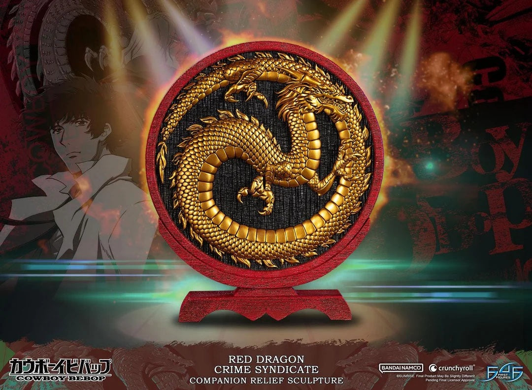 First 4 Figures proudly presents this Companion Piece to the Cowboy Bebop Last Stand statues. The Red Dragon Crime Syndicate logo is faithfully recreated—a golden dragon on a black background. The fine details make this piece look incredibly realistic and lifelike. Although it is designed to be paired with the Last Stand Vicious and Spike statues, the piece looks great paired with any F4F Cowboy Bebop statue, or even on its own!

(Spike and Vicious statues pictured are not included)