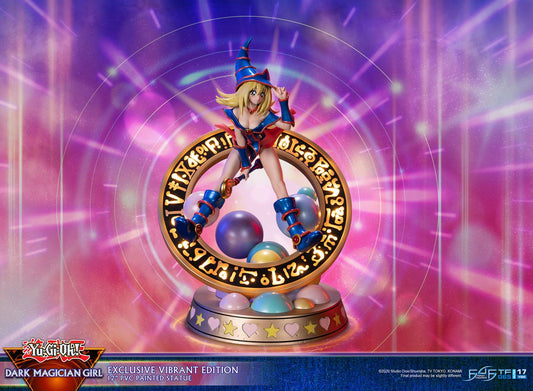 This statue has no edition number, and was a replacement and is in new and unopened condition. 

The “Vibrant” variation features Dark Magician Girl wearing a dark purple dress accented by dark pink details. For the exclusive edition, the Magician’s seal lights up with 2 LED functions: Static and Animated. When animated, lights swirl around the ring of the Seal as if Dark Magician Girl is preparing to use her Dark Burning Attack!