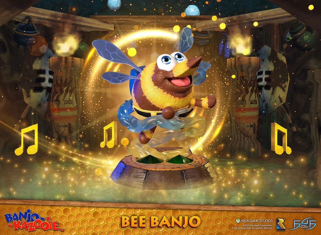 This statue has no edition number, and was a replacement and is in new and unopened condition.

First 4 Figures proudly presents their latest resin collectible, Bee Banjo!

One of the many transformations Banjo-Kazooie undergoes in the original game is turning into a buzzing bee in the Click Clock Wood level. In this bee form, Banjo can freely fly around the springtime section of the level without having to use red feathers—a very useful power-up!

The base of Bee Banjo replicates the skull button that Banj