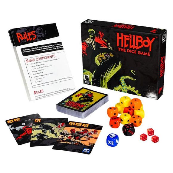 In Hellboy: The Dice Game, you take on the role of a B.P.R.D. recruit exploring a mysterious location. 
As a new recruit your abilities and resources are limited so you’ll need your wits about you to try and survive. Push your luck to press deeper into the unknown or play it safe and live to fight another day. The choice is yours!
The game includes a deck of rooms that you must explore. Some will contain harmless frog swarms, whereas others will hide dangerous frog monsters or even more notorious foes from