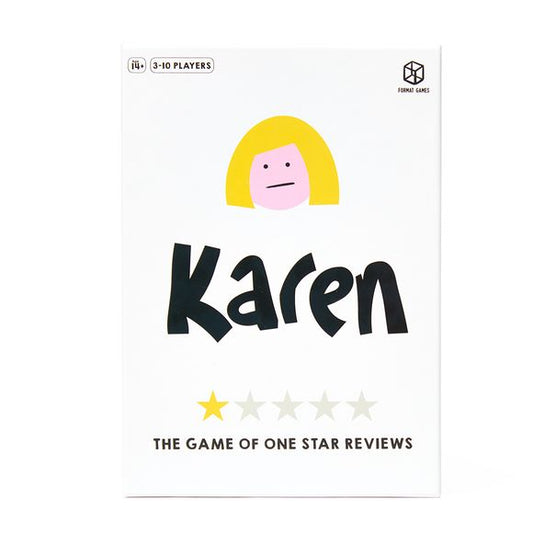 The internet is full of Karens leaving one star reviews, and now it’s your turn to get into the mind of a Karen and fool your friends and family
into believing your reviews are the real deal!

In Karen, each player sneaks their own fake answers in amongst hilarious REAL one star reviews found online, to try and convince their
opponents that THEY are the real Karen.