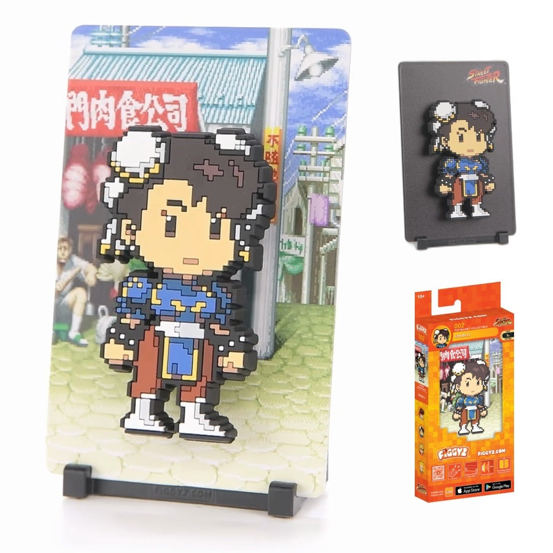 A skilled martial artist and Interpol officer dedicated to justice.

Each one features:

A reversible metal display
Side A: Themed background related to the character
Side B: Classic Background, typically of the franchise
A magnetized figure raised off the surface using MagMounts™ for a 3D pop out feeling
Comes with a display base for shelves and a magnetic sticker for mounting on any vertical surface.