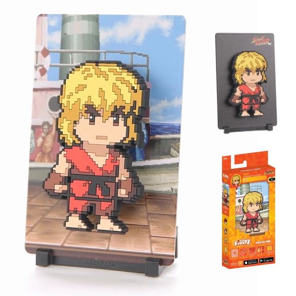 Ryu’s fiery rival and best friend, known for his flashy techniques.

FiGGYZ are Pop Magnet Collectibles - pixel-art characters that snap magnetically onto display-ready backdrops.

Each one features:

A reversible metal display
Side A: Themed background related to the character
Side B: Classic Background, typically of the franchise
A magnetized figure raised off the surface using MagMounts™ for a 3D pop out feeling
Comes with a display base for shelves and a magnetic sticker for mounting on any vertical sur