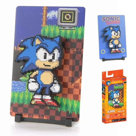A blue hedgehog with incredible speed, always ready to thwart Dr. Eggman's schemes.

FiGGYZ are Pop Magnet Collectibles - pixel-art characters that snap magnetically onto display-ready backdrops.

Each one features:

A reversible metal display
Side A: Themed background related to the character
Side B: Classic Background, typically of the franchise
A magnetized figure raised off the surface using MagMounts™ for a 3D pop out feeling
Comes with a display base for shelves and a magnetic sticker for mounting on