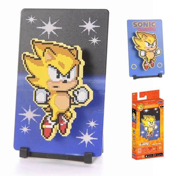Sonic’s powered-up form using the Chaos Emeralds, granting him incredible speed and invincibility.

FiGGYZ are Pop Magnet Collectibles - pixel-art characters that snap magnetically onto display-ready backdrops.

Each one features:

A reversible metal display
Side A: Themed background related to the character
Side B: Classic Background, typically of the franchise
A magnetized figure raised off the surface using MagMounts™ for a 3D pop out feeling
Comes with a display base for shelves and a magnetic sticker f