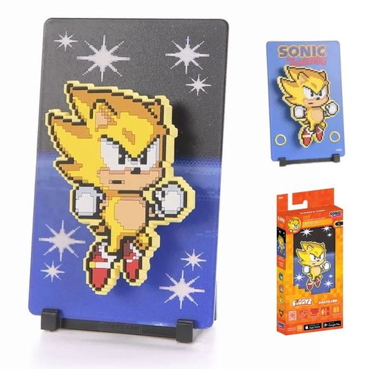 Sonic’s powered-up form using the Chaos Emeralds, granting him incredible speed and invincibility.

FiGGYZ are Pop Magnet Collectibles - pixel-art characters that snap magnetically onto display-ready backdrops.

Each one features:

A reversible metal display
Side A: Themed background related to the character
Side B: Classic Background, typically of the franchise
A magnetized figure raised off the surface using MagMounts™ for a 3D pop out feeling
Comes with a display base for shelves and a magnetic sticker f