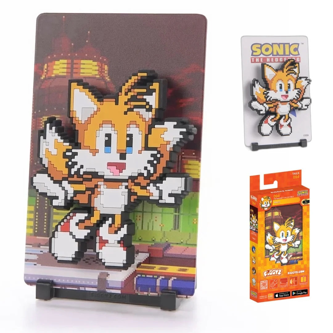 A brilliant two-tailed fox and expert inventor, always ready to build, fly, and fight alongside Sonic.

FiGGYZ are Pop Magnet Collectibles - pixel-art characters that snap magnetically onto display-ready backdrops.

Each one features:

A reversible metal display
Side A: Themed background related to the character
Side B: Classic Background, typically of the franchise
A magnetized figure raised off the surface using MagMounts™ for a 3D pop out feeling
Comes with a display base for shelves and a magnetic stick