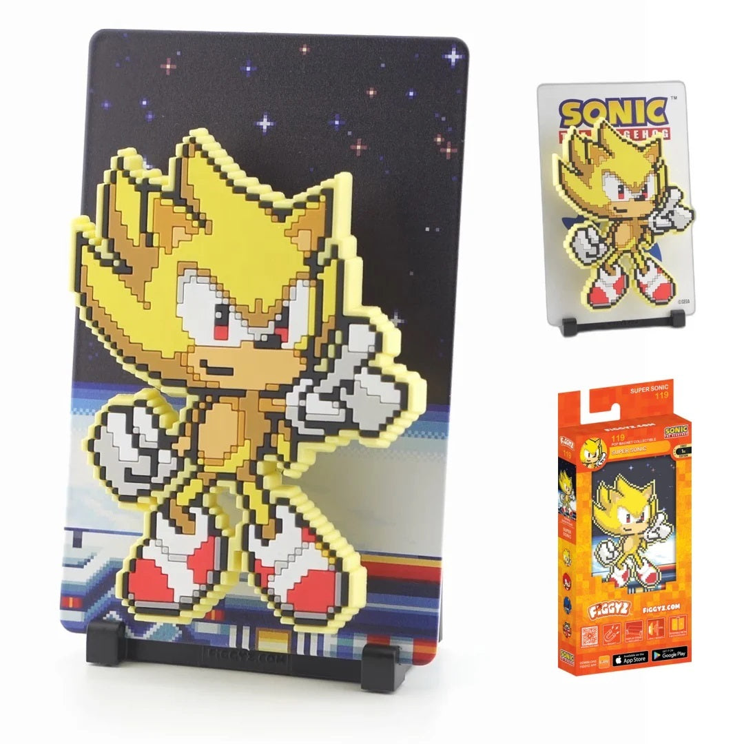 With the Chaos Emeralds in hand, Sonic becomes Super Sonic — faster, stronger, and completely invincible.

FiGGYZ are Pop Magnet Collectibles - pixel-art characters that snap magnetically onto display-ready backdrops.

Each one features:

A reversible metal display
Side A: Themed background related to the character
Side B: Classic Background, typically of the franchise
A magnetized figure raised off the surface using MagMounts™ for a 3D pop out feeling
Comes with a display base for shelves and a magnetic st