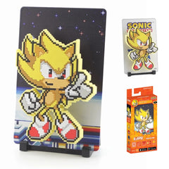 With the Chaos Emeralds in hand, Sonic becomes Super Sonic — faster, stronger, and completely invincible.

FiGGYZ are Pop Magnet Collectibles - pixel-art characters that snap magnetically onto display-ready backdrops.

Each one features:

A reversible metal display
Side A: Themed background related to the character
Side B: Classic Background, typically of the franchise
A magnetized figure raised off the surface using MagMounts™ for a 3D pop out feeling
Comes with a display base for shelves and a magnetic st