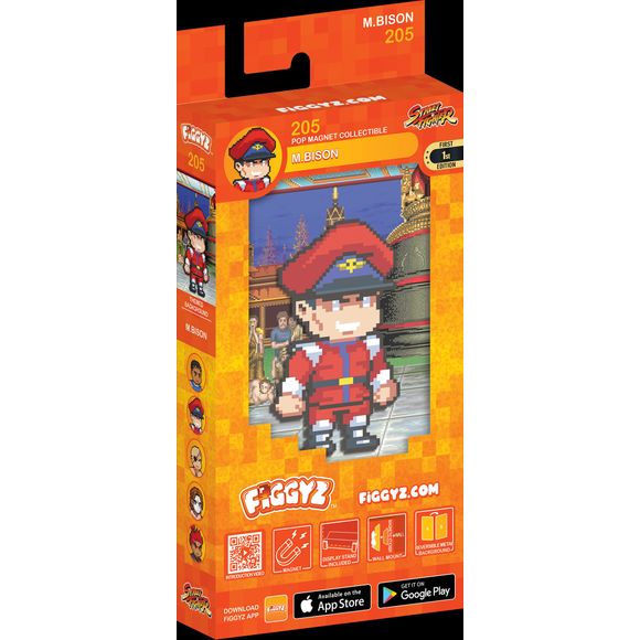 M. Bison, the enigmatic dictator of Shadaloo, seeks world domination through psychopower.

FiGGYZ are Pop Magnet Collectibles - pixel-art characters that snap magnetically onto display-ready backdrops.

Each one features:

A reversible metal display
Side A: Themed background related to the character
Side B: Classic Background, typically of the franchise
A magnetized figure raised off the surface using MagMounts™ for a 3D pop out feeling
Comes with a display base for shelves and a magnetic sticker for mounti