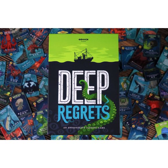 Deep Regrets is a game for 1-5 players that runs about 30 minutes per player. An unfortunate fishing game about pulling progressively more horrifying things out of the ocean. Decide what to eat, what to sell, what to mount, and how many regrets you're willing to carry, as you push yourself too far and spiral towards a thrilling conclusion in this strategic horror fishing game. You'll roll bespoke tackle dice at the start of each turn to determine your strength for that round and then decide whether you'll s