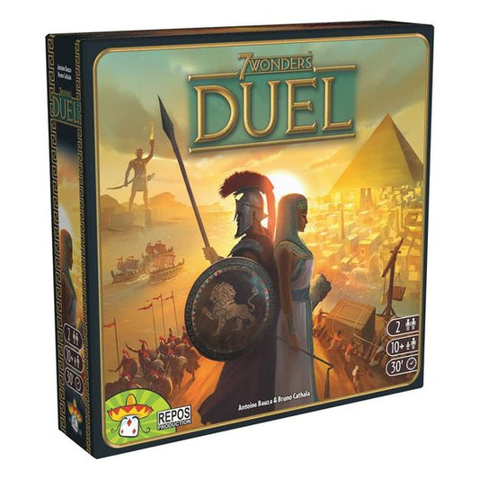 Experience an intense two-player struggle for supremacy in the ancient world!

Designed by Antoine Bauza and Bruno Cathala, 7 Wonders: Duel adapts the game play and excitement of 7 Wonders for one-on- one battles. Choose the Wonders you aim to build and guide your city through three Ages of drafting cards from cunningly shaped tableaus. Victory can be achieved in three ways: by invading your opponent's capital, by achieving a monopoly on scientific advancement, or simply by crafting the city that will earn