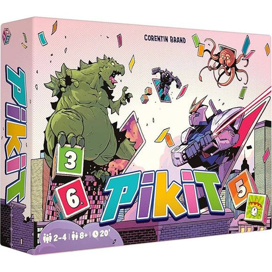Pikit is a collision course of colossal proportions, as monstrous competitors duke it out to see who will reign supreme. In Pikit, players roll dice that will determine which cards they can take. Players can use their cards to activate special abilities, or hold on to them, scoring the points they’re worth at the end of the game. Once the deck of cards is depleted, the game ends and the player with the most points wins.