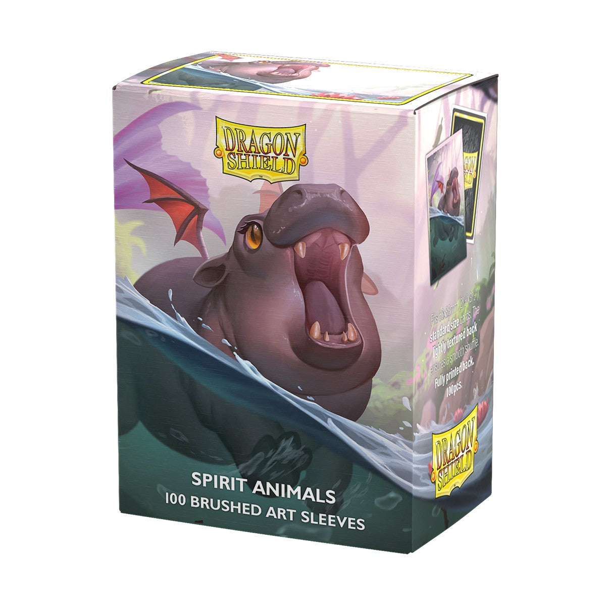 Romp along the riverbanks with The Snortle Brushed Art Sleeves. This hippo-dragon is ready to make a cute splash at your game table. The Snortle is part of the absolutely adorable Spirit Animals series. Dragon Shield Brushed Art Sleeves feature a lightly textured back and provide a steady shuffle-feel as you face off against your opponents. The artwork is printed directly onto the sleeve, meaning the artwork is as high-quality, durable and peel-free as the sleeves they are forged onto. The sleeves come in a