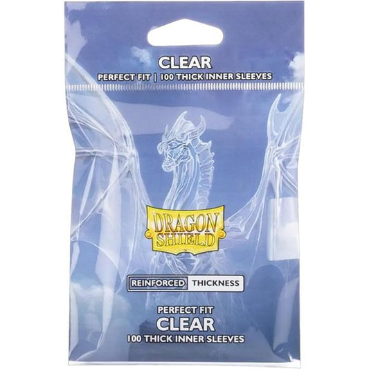 Dragon Shield's thickest inner sleeves ever: Perfect Fit Thick Inner Sleeves. The reinforced thickness provides even greater protection for treasured cards and easier handling when double-sleeving. They are top-loading and fit smoothly inside regular Dragon Shield sleeves - perfect for double-sleeving. Both front and back are Clear, and the sleeves are 100% archival safe (acid- and PVC-free). Each pack contains 100 Standard size Perfect Fit card sleeves for trading cards measuring up to 63x88 mm (2.5"x3.5")