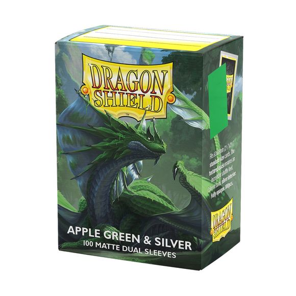 Apple Green & Silver sleeves feature a bright green back and a silver interior. A great choice for grass types! The next evolution in Dragon Shield's Matte Dual sleeves, featuring brilliant bright backs with an elegant silver interior.
Dragon Shield Standard Matte Dual sleeves have a clear front and a textured matte back. They are fully opaque, with a black interior, which makes for an elegant backdrop for black bordered cards.