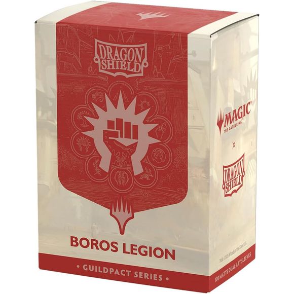 "Justice is toothless without punishment." Be the hammer of righteous law and fierce justice with the Boros Legion. Show your guild allegiance with the Magic x Dragon Shield Boros Legion Matte Dual Art Sleeves.The Guildpact series celebrates the ten iconic guilds of Ravnica. Each sleeve features their guild symbol in exquisite metallic print on a subtle background based on the Guildgate artwork. The back and interior of the sleeves use the guild's colors to perfectly match both the guild and your deck.
Drag