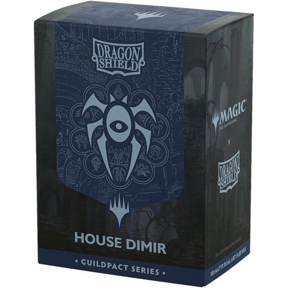 "Dangerous to recognize. Deadly not to." Lurk in the shadows with your fellow spies and assassins of House Dimir. Show your guild allegiance with the Magic x Dragon Shield House Dimir Matte Dual Art Sleeves.The Guildpact series celebrates the ten iconic guilds of Ravnica. Each sleeve features their guild symbol in exquisite metallic print on a subtle background based on the Guildgate artwork. The back and interior of the sleeves use the guild's colors to perfectly match both the guild and your deck.
Dragon
