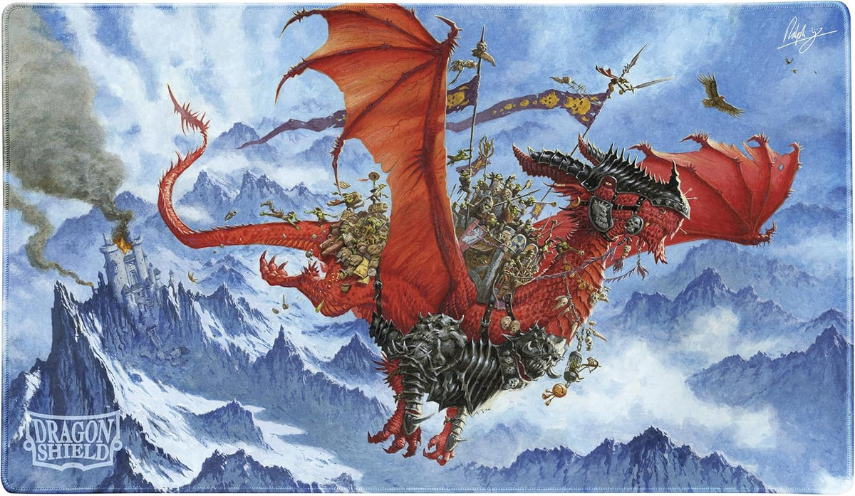 Delve into all the masterful details with our The Raid playmat! As part of our Signature Series, beloved artist Ralph Horsley was asked to create a dragon guided only by his own artistic vision. No compromises. This playmat lets you explore all the lovingly crafted details and fun goblin vignettes Horsley included for the perceptive player to discover. Enjoy the new, silky smooth surface texture. Together with the non-slip rubber bottom and premium stitched-edge, your playmat will stay in place and see you