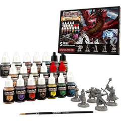 Nothing brings a Fantasy World more to life than the creatures that inhabit it. Playing with painted miniatures will level-up your whole role playing experience as it brings your adventure to life on the tabletop in front of you. This epic paint set contains not only a full party of 5 fantastic, highly detailed miniatures – it also includes a Starter Brush and 19 of the most essential colours you need plus 1 brush-on-primer (20 paints in total) to paint your party of heroes and heroines fighting the foul mo