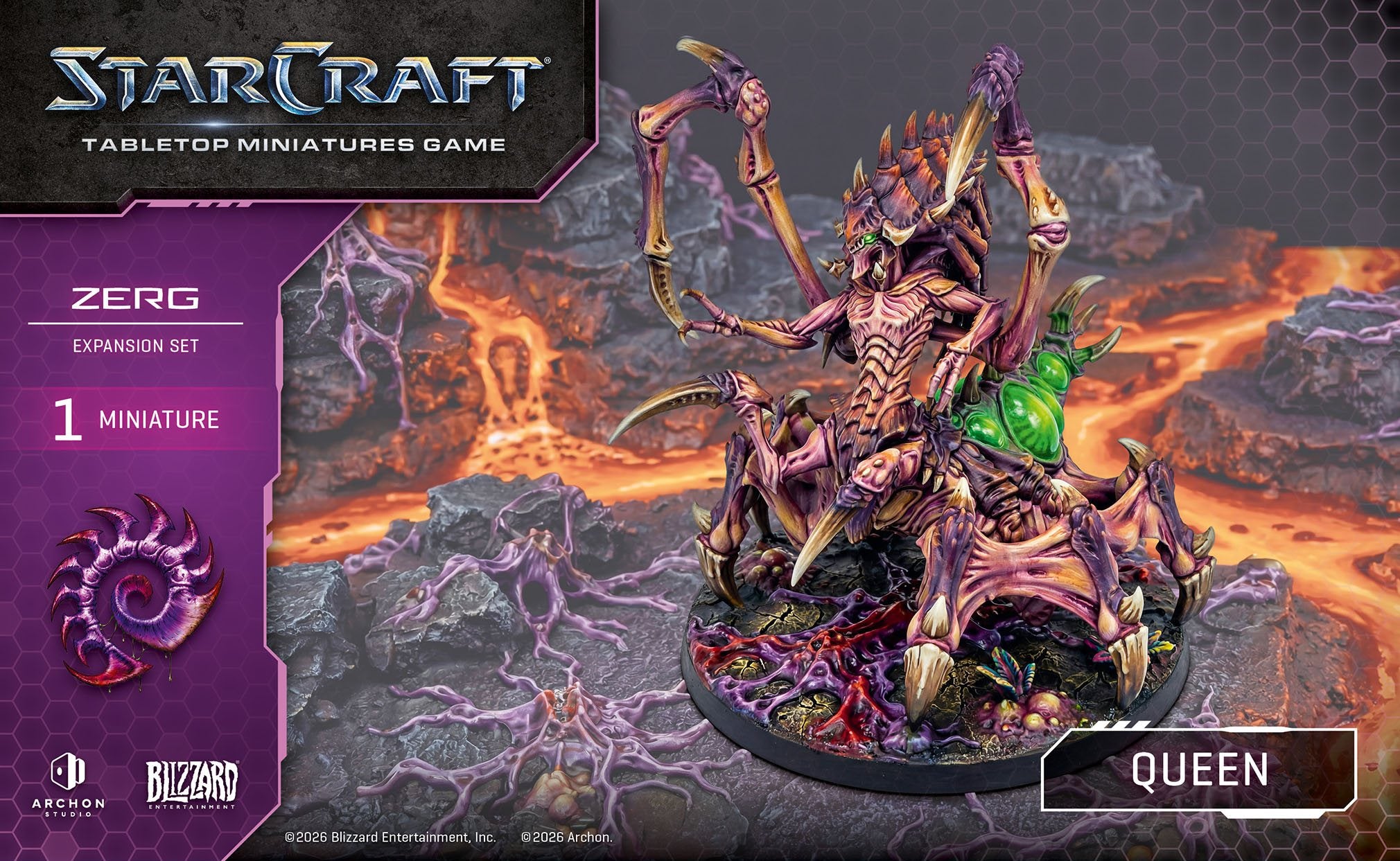 The Queen is a key Zerg unit which handles the spreading of creep and the creation of new larvae which morph into more Zerg, but are also able to take to the front lines thanks to their powerful mending abilities, sustaining their army as they fight.

 All elements come unpainted and unassembled and may require trimming and cleaning before assembly.

Contains: - 1x Queen miniature
- 1x 80mm
- 3x Cards
- 1x Assembly Manual