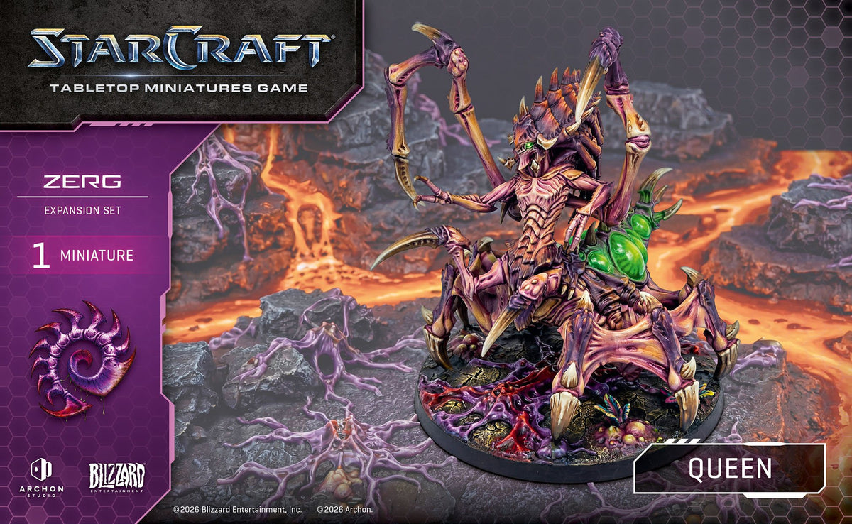 The Queen is a key Zerg unit which handles the spreading of creep and the creation of new larvae which morph into more Zerg, but are also able to take to the front lines thanks to their powerful mending abilities, sustaining their army as they fight.

 All elements come unpainted and unassembled and may require trimming and cleaning before assembly.

Contains: - 1x Queen miniature
- 1x 80mm
- 3x Cards
- 1x Assembly Manual