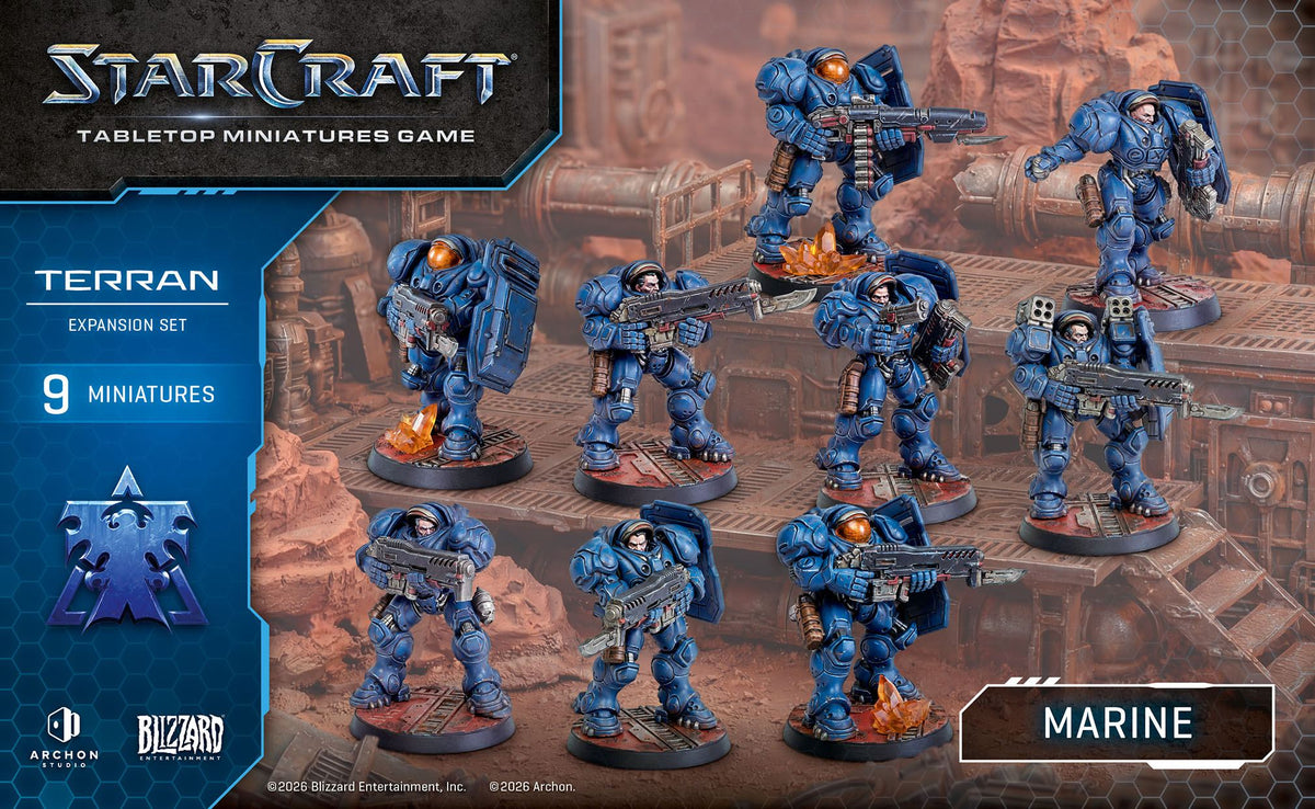 The Marine makes up the core of most Terran armies in the sector - their CMC powered armor suits and trusty C-14 Rifles allow them to deploy in a variety of hostile enviroments, with large squads being especially effective at wiping out hostiles. All elements come unpainted and unassembled and may require trimming and cleaning before assembly.

Contains: - 9x Marine miniatures
- 9x 32mm
- 3x Cards
- 1x Assembly Manual