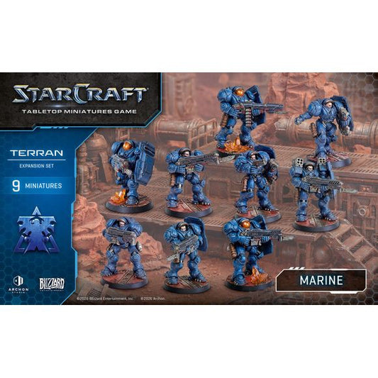 The Marine makes up the core of most Terran armies in the sector - their CMC powered armor suits and trusty C-14 Rifles allow them to deploy in a variety of hostile enviroments, with large squads being especially effective at wiping out hostiles. All elements come unpainted and unassembled and may require trimming and cleaning before assembly.

Contains: - 9x Marine miniatures
- 9x 32mm
- 3x Cards
- 1x Assembly Manual