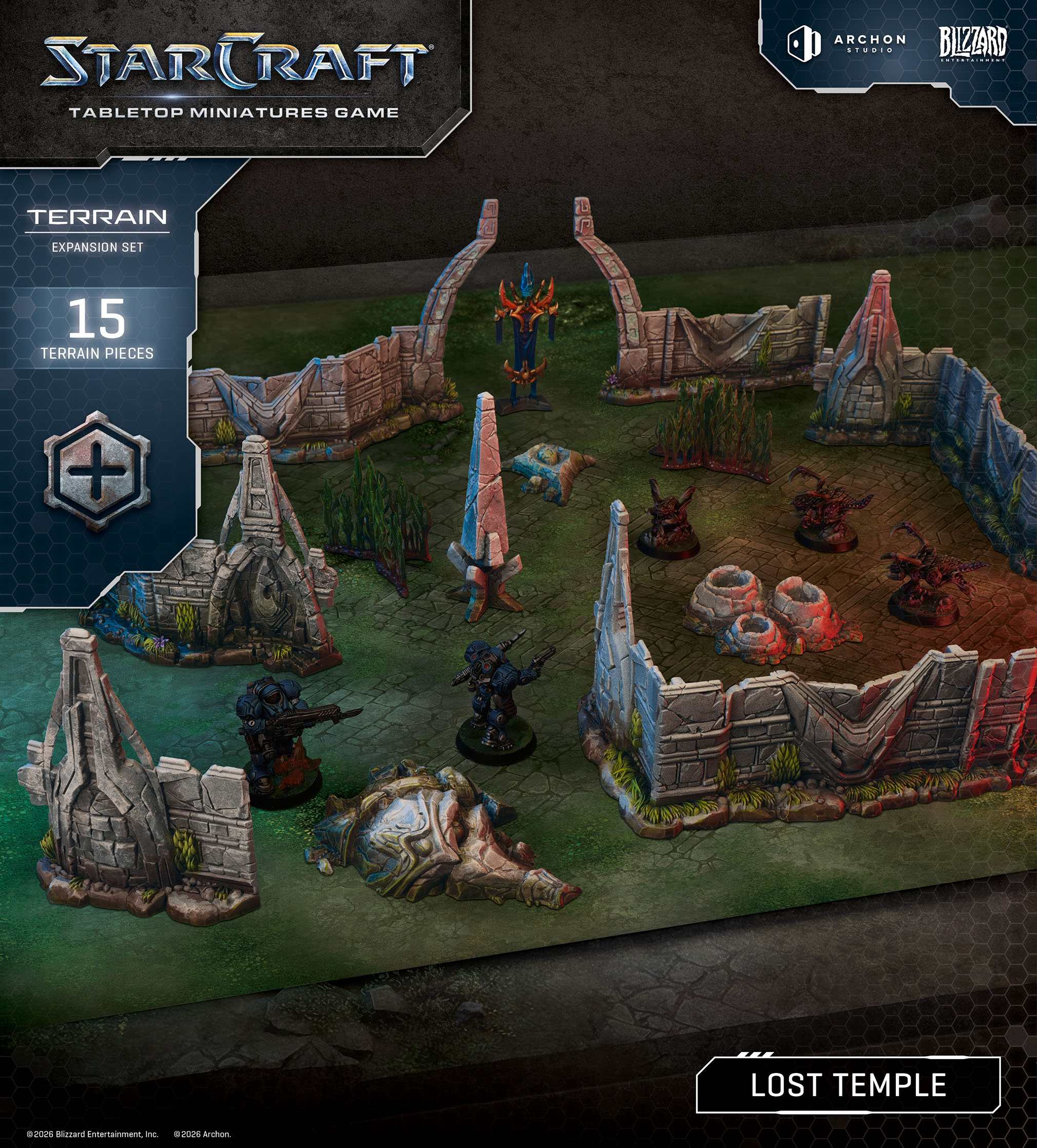 Revisit one of StarCraft's most iconic maps - Lost Temple - but this time on your tabletop! This box features enough walls and scatter terrain for a 1k mineral game.

 All elements come unpainted and unassembled and may require trimming and cleaning before assembly.
Contains: - 15x Terrain pieces
- 1x Cloth Playmat (60'x36' / 152cm x 92cm)
- 1x Assembly Manual