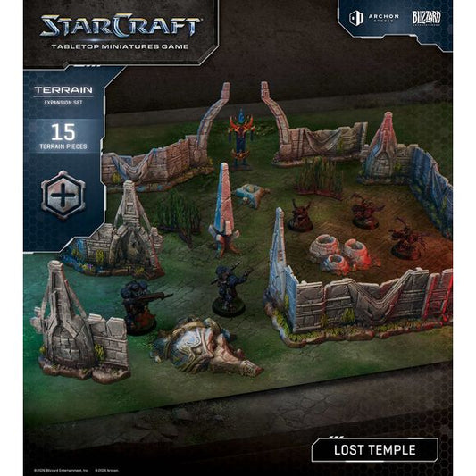 Revisit one of StarCraft's most iconic maps - Lost Temple - but this time on your tabletop! This box features enough walls and scatter terrain for a 1k mineral game.

 All elements come unpainted and unassembled and may require trimming and cleaning before assembly.
Contains: - 15x Terrain pieces
- 1x Cloth Playmat (60'x36' / 152cm x 92cm)
- 1x Assembly Manual