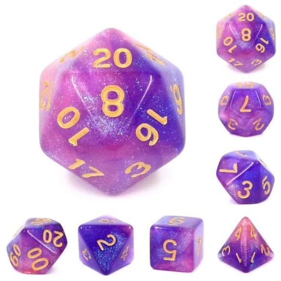 Galactic Dice Premium Dice Sets - Briar Rose Aurora (Pink, Purple, & Gold) Acrylic Set of 7 Dice | Galactic Toys & Collectibles