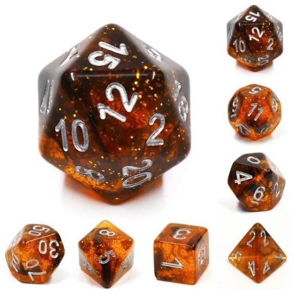 Galactic Dice Premium Dice Sets - Orange (Brown, Orange Sparkle, & Silver) Acrylic Set of 7 Dice | Galactic Toys & Collectibles