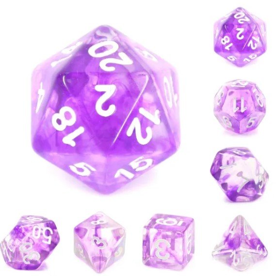 Galactic Dice Premium Dice Sets - Nebula Purple (Purple, Clear, & White) Acrylic Set of 7 Dice | Galactic Toys & Collectibles