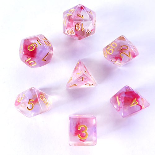 Galactic Dice Premium Dice Sets - Clematis Edda (Pink, Clear, & Gold) Acrylic Set of 7 Dice | Galactic Toys & Collectibles