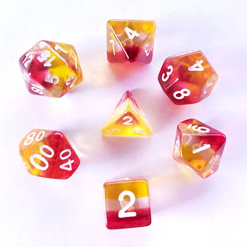 Galactic Dice Premium Dice Sets - Transparent Sunrise (Yellow, Red, & White) Acrylic Set of 7 Dice | Galactic Toys & Collectibles