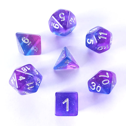 Galactic Dice Premium Dice Sets - Twilight Sky (Purple, Blue, & Silver) Acrylic Set of 7 Dice | Galactic Toys & Collectibles