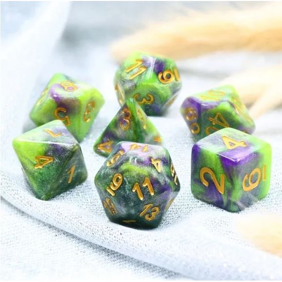 Galactic Dice Acrylic HD Dice Sets - Royal Viper (Green, Purple, & Gold) Set of 7 Dice | Galactic Toys & Collectibles