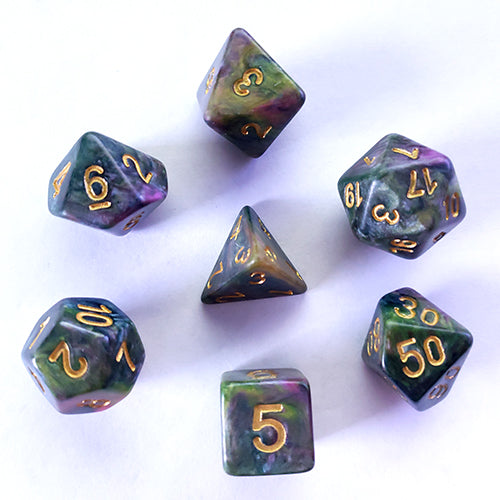 The perfect companion for your gaming needs! These HD acrylic dice are exactly what you've been searching for that upcoming game night with the group. This set includes one of each: d20, d12, d10, d10 (percentile), d8, d6, and a d4 (7 dice in total) in a