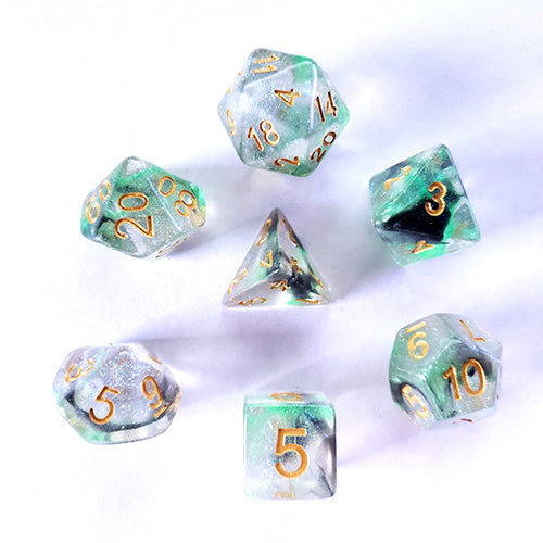 Galactic Dice Premium Dice Sets - Luminous Venom (Green, Clear, & Gold) Acrylic Set of 7 Dice | Galactic Toys & Collectibles