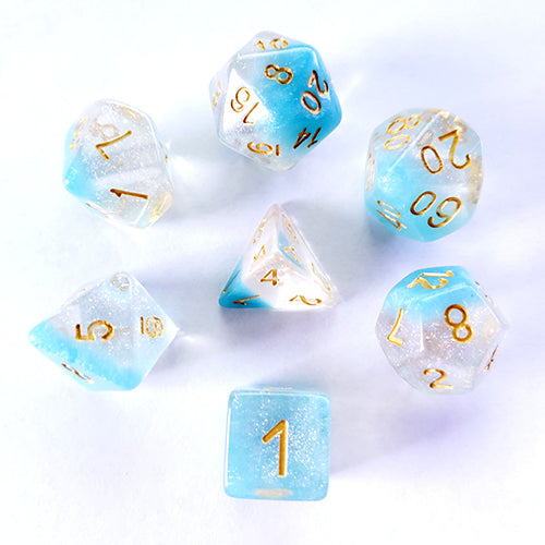 Galactic Dice Premium Dice Sets - Snowflake (Clear, Blue, & Gold) Acrylic Set of 7 Dice | Galactic Toys & Collectibles